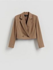 Marynarka z wiskozą - brązowy. Brązowe marynarki i żakiety damskie Reserved, l, bez wzorów, z tkaniny. Za 199.99 zł.