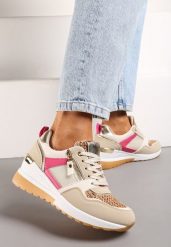 Beżowo-Różowe Sneakersy na Koturnie z Suwakiem i Ozdobnymi Naszywkami Jelenia. Brązowe obuwie sportowe damskie Born2be, z materiału, bez zapięcia. Za 109.99 zł.