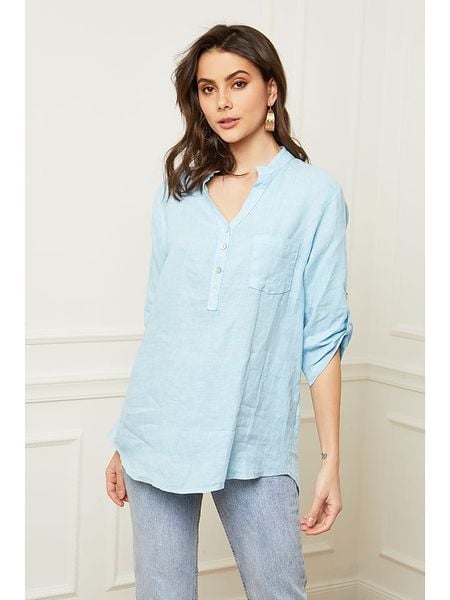 Fleur de Lin Lniana bluzka "Bjorg" w kolorze błękitnym rozmiar: XL. Niebieskie bluzki damskie Fleur de Lin, xl, bez wzorów, ze lnu, bez kołnierzyka, bez ramiączek. Za 154.07 zł.