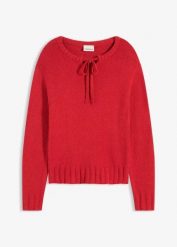 Gruby sweter z wiązaniem przy dekolcie. Czarne swetry klasyczne damskie bonprix, bez kołnierzyka. Za 107.99 zł.