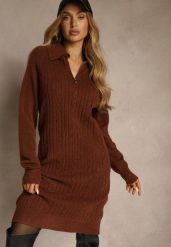 Brązowa Sweterkowa Sukienka z Bawełną i Wełną Ozdobiona Suwakiem Reinda. Brązowe sukienki damskie Renee, bez wzorów, z bawełny, bez ramiączek. Za 89.99 zł.