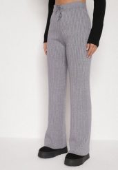 Szare Prążkowane Spodnie z Wełną o Szerokim Kroju z Wysokim Stanem Reinnia. Szare spodnie materiałowe damskie Born2be, bez wzorów, z jeansu. Za 79.99 zł.