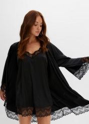 Szlafrok kimono + koszulka nocna (kompl. 2-częściowy). Czarne komplety bielizny bonprix, bez wzorów, z koronki. Za 142.99 zł.