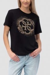 GUESS Czarny damski t-shirt na krótki rękaw z cyrkoniami Corinne, Rozmiar M. Czarne t-shirty damskie Guess, m, z aplikacjami, bez kołnierzyka. Za 239.99 zł.