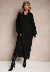 Czarna Sweterkowa Sukienka z Wiskozą o Pudełkowym Kroju Ozdobiona Kołnierzykiem Clarinnae. Czarne sukienki damskie Renee, bez wzorów, z wiskozy, eleganckie, bez ramiączek. W wyprzedaży za 111.99 zł.