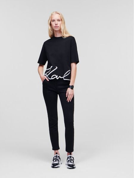 KARL LAGERFELD T-Shirt Signature Hem 226W1703 Czarny Relaxed Fit. Czarne t-shirty damskie KARL LAGERFELD, xs, bez wzorów, z bawełny, bez kołnierzyka. Za 249.99 zł.
