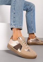 Ciemnobeżowe Sneakersy na Płaskiej Podeszwie Ozdobione Metalicznymi Elementami Nevlise. Brązowe obuwie sportowe damskie Renee, z materiału, bez zapięcia. Za 74.99 zł.