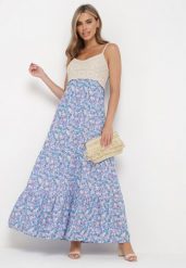 Niebieska Rozkloszowana Sukienka Maxi z Wiskozy w Kwiatowy Print i z Szydełkowym Wzorem Adviana. Niebieskie sukienki damskie Born2be, bez wzorów, z wiskozy, bez ramiączek. W wyprzedaży za 84.99 zł.