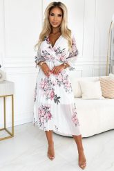 Kwiecista Plisowana Sukienka Midi - Biała. Białe sukienki damskie NUMOCO, bez wzorów, z materiału, wizytowe, bez ramiączek. Za 224.90 zł.