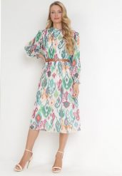 Zielona Plisowana Sukienka Midi z Paskiem Hyacida. Zielone sukienki damskie Born2be, bez wzorów, eleganckie, bez ramiączek. Za 74.99 zł.