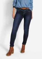 Dżinsy Skinny Mid Waist, kontrastowe szwy. Niebieskie jeansy damskie bonprix, bez wzorów, z jeansu. Za 117.99 zł.