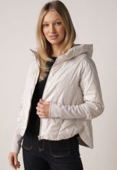 Jasnoszara Kurtka z Kapturem Pikowana z Materiałowymi Wykończeniami Sofie. Szare kurtki damskie Born2be, l, bez wzorów, z jeansu, z kapturem. Za 149.99 zł.