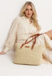 Jasnobeżowa Torebka Shopper z Plecionki z Rączkami z Ekoskóry Buxara. Brązowe shopper bag Born2be, bez wzorów, bez dodatków. Za 109.99 zł.