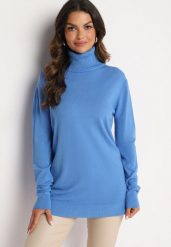 Niebieski Golf z Wiskozą i Długim Rękawem Lerithel. Niebieskie golfy damskie Born2be, m, bez wzorów, z materiału, bez ramiączek. Za 44.99 zł.