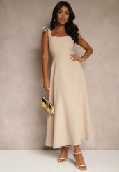 Beżowa Sukienka z Wiskozą o Rozkloszowanym Kroju z Wiązaniem Nilafeia. Brązowe sukienki damskie Renee, bez wzorów, z wiskozy, eleganckie, bez ramiączek. W wyprzedaży za 83.99 zł.