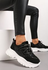 Czarne Sneakersy na Platformie z Brokatem i Cyrkoniami Ebavia. Czarne obuwie sportowe damskie Born2be, bez zapięcia. Za 99.99 zł.