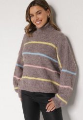 Beżowy Golf z Wełną Ozdobiony Paskami Reisorria. Brązowe golfy damskie Born2be, uniwersalny, bez wzorów, z jeansu, bez ramiączek. Za 159.99 zł.