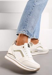 Beżowe Sneakersy na Ukrytym Koturnie Ozdobione Brokatem i Metaliczną Wstawką Infora. Brązowe obuwie sportowe damskie Renee, z materiału, bez zapięcia. Za 109.99 zł.