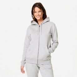 Bluza na zamek damska Domyos fitness. Szare bluzy damskie DOMYOS, m, bez wzorów, z bawełny, z kapturem. Za 119.99 zł.