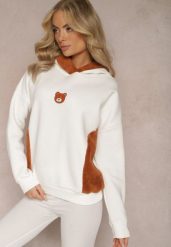Biała Bluza z Bawełny z Ozdobną Naszywką z Misiem i Polarowym Kapturem Hecatia. Białe bluzy damskie Renee, z aplikacjami, z bawełny, z kapturem. Za 99.99 zł.