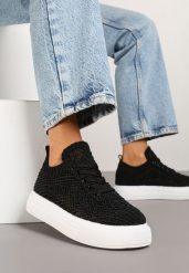 Czarne Sneakersy w Stylu Tenisówek z Siateczkową Cholewką Sunelise. Czarne obuwie sportowe damskie Born2be, z jeansu, bez zapięcia, tenisowe. Za 99.99 zł.