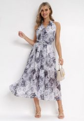 Biało-Czarna Rozkloszowana Sukienka z Materiałowym Paskiem Evanagia. Białe sukienki damskie Born2be, bez wzorów, z materiału, bez ramiączek. Za 159.99 zł.