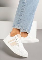 Beżowo-Białe Tenisówki Ozdobione Paskami Meloti. Brązowe obuwie sportowe damskie Renee, z jeansu, bez zapięcia, tenisowe. Za 49.99 zł.