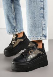 Czarne Sneakersy Vices na Platformie Ozdobione Brokatem Ldivana. Czarne obuwie sportowe damskie Renee, z jeansu, bez zapięcia. Za 129.99 zł.
