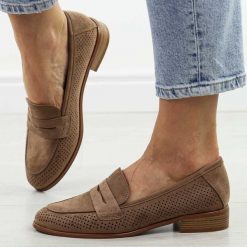 Khaki zamszowe mokasyny damskie Potocki 12585. Brązowe mokasyny damskie POTOCKI, na lato, z jeansu, bez obcasa. Za 179.00 zł.