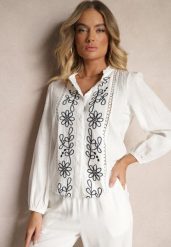 Biała Koszula z Wiskozą Bawełną i Haftem Nalorielle. Białe koszule damskie Renee, l, z aplikacjami, z bawełny, eleganckie, bez kołnierzyka, bez ramiączek. Za 74.99 zł.