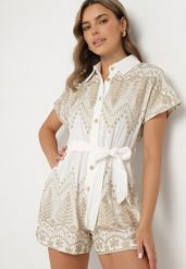 Biały Bawełniany Kombinezon z Haftem z Kołnierzykiem i Wiązanym Paskiem Ulisana. Białe sukienki damskie Born2be, bez wzorów, z bawełny, eleganckie, bez ramiączek. Za 149.99 zł.