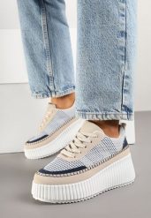 Niebiesko-Beżowe Sneakersy na Grubej Podeszwie z Tłoczeniami Zdobione Przeszyciami Falinia. Niebieskie obuwie sportowe damskie Born2be, z jeansu, bez zapięcia. Za 109.99 zł.