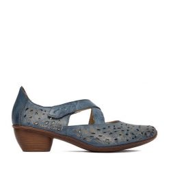 Półbuty Rieker. Niebieskie czółenka damskie Rieker, bez wzorów, bez obcasa, na obcasie. Za 339.99 zł.