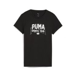 Damska koszulka z grafiką w uniwersyteckim stylu PUMA Black. Czarne bluzki damskie Puma, bez wzorów, sportowe, bez kołnierzyka, bez ramiączek. Za 109.00 zł.