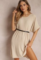 Beżowa Sukienka Mini Plisowana z Paskiem z Imitacji Skóry Dasima. Brązowe sukienki damskie Renee, bez wzorów, ze skóry, bez ramiączek. W wyprzedaży za 67.99 zł.