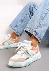 Biało-Pomarańczowe Sneakersy na Grubej Podeszwie z Brokatem Lenema. Białe obuwie sportowe damskie Renee, bez zapięcia. Za 99.99 zł.