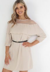 Beżowa Sukienka z Plisowaną Falbanką i Cienkim Paskiem Aniva. Brązowe sukienki damskie Born2be, bez wzorów, ze skóry, bez ramiączek. Za 129.99 zł.