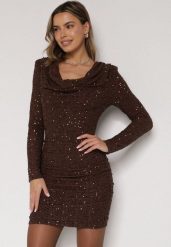 Brązowa Dopasowana Sukienka Wieczorowa z Lejącym Dekoltem i Cekinami Siwedea. Brązowe sukienki damskie Born2be, z aplikacjami, z poliesteru, eleganckie, bez ramiączek. Za 189.99 zł.