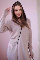 Komplet dresowy bluza z dłuższym bokiem ciemny beżowy. Brązowe bluzy damskie KESI, l, bez wzorów, z bawełny, bez kaptura. Za 334.56 zł.
