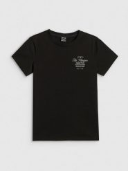 4F T-shirt regular z nadrukiem damski - czarny L. Czarne t-shirty damskie 4F, l, bez wzorów, z bawełny, bez kołnierzyka. Za 59.99 zł.