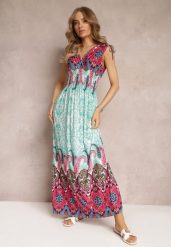Miętowo-Fuksjowa Sukienka Maxi w Stylu Boho z Gumką w Pasie Bernette. Zielone sukienki damskie Renee, bez wzorów, boho, bez ramiączek. W wyprzedaży za 63.99 zł.