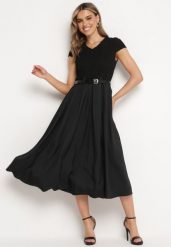 Czarna Rozkloszowana Sukienka z Paskiem z Imitacji Skóry Drinna. Czarne sukienki damskie Born2be, z aplikacjami, ze skóry, eleganckie, bez ramiączek. Za 279.99 zł.