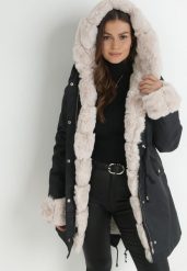 Czarno-Beżowa Kurtka Parka z Futerkiem Koni. Czarne kurtki damskie Born2be, l, z futra. Za 99.99 zł.