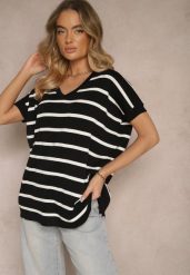 Czarna Bluzka z Wiskozą Oversize Ozdobiona Paskami Tasvesia. Czarne bluzki damskie Renee, bez wzorów, z jeansu, bez kołnierzyka, bez ramiączek. Za 39.99 zł.