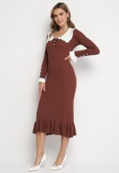 Ciemnobrązowa Dzianinowa Sukienka Retro z Wiskozą z Kołnierzykiem i Falbanami Hanlira. Brązowe sukienki damskie Born2be, bez wzorów, z dzianiny, eleganckie, bez ramiączek. W wyprzedaży za 144.49 zł.