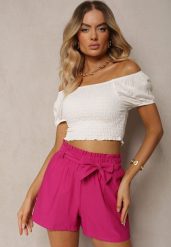 Fuksjowe Szorty Bermudy High Waist z Dodatkiem Bawełny Wiązane w Pasie Quisevia. Czerwone szorty damskie Renee, bez wzorów, z bawełny, z podwyższonym stanem. Za 39.99 zł.