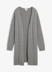Długi sweter rozpinany z wywiniętym brzegiem. Szare kardigany damskie bonprix, bez wzorów. Za 109.99 zł.