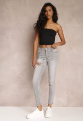 Jasnoszare Jeansy Skinny Push-Up z Wycięciem i Cyrkoniami Idomara. Szare jeansy damskie Renee, z aplikacjami, z jeansu. Za 99.99 zł.
