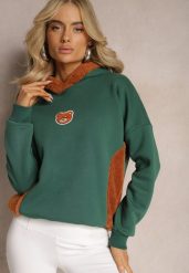 Zielona Bluza z Bawełny z Ozdobną Naszywką z Misiem i Polarowym Kapturem Hecatia. Zielone bluzy damskie Renee, z aplikacjami, z bawełny, z kapturem. Za 99.99 zł.