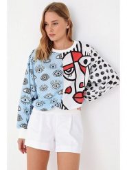 Trendyol Bluza w kolorze błękitno-biało-czerwonym rozmiar: L. Białe bluzy damskie Trendyol, l, bez wzorów, z bawełny, bez kaptura. Za 69.58 zł.